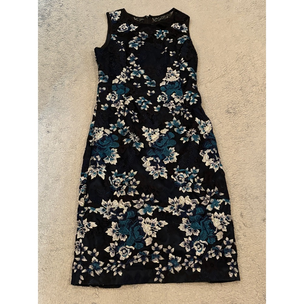 White House Black Market Floral Lace Sheath Dress Blue Teal Silver Size 00